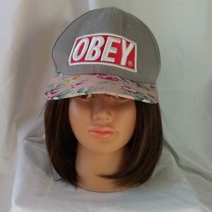 OBEY Hat- Gray Embroidered With Pink SnapBack Baseball Hat Floral Brim, Unisex